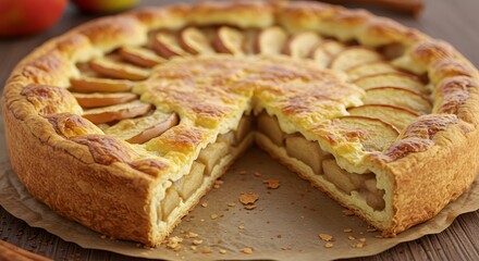 Golden Apple Pie with Cut Slice on Parchment Paper