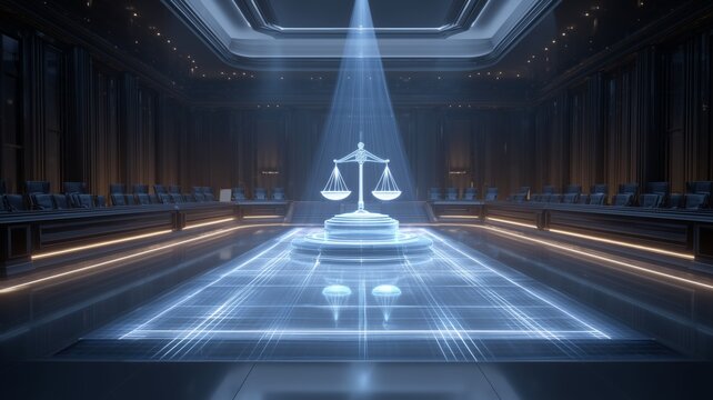 Futuristic courtroom featuring a holographic scale of justice in a high-tech legal environment