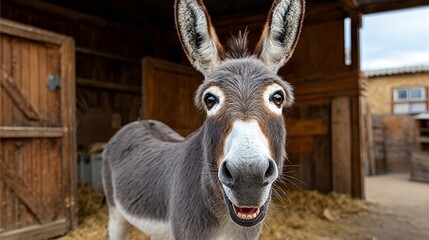Donkey is standing in a barn with a smile on its face. The barn is made of wood and has a rustic feel