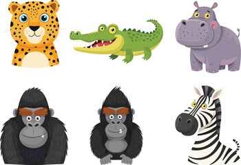 Naklejka premium Cartoon wild animals, jungle creatures, cute leopard, smiling crocodile, purple hippo, gorilla twins, zebra illustration, kids style, playful vector, animal collection