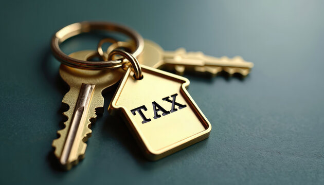 Golden keychain with house-shaped tag labeled TAX represents homeownership, tax duties, financial planning. Keys symbolize access to property, wealth management, real estate investment decisions.