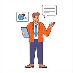 Flat illustration of a businessman with tablet and chat icon, symbolizing office communication, teamwork, and digital workplace interaction.
