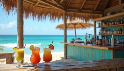 Three colorful tropical cocktails sit on rustic wooden bar counter with idyllic oceanfront view. Turquoise ocean water, blue sky in background. Beach shack setting with thatched roof, bar stocked
