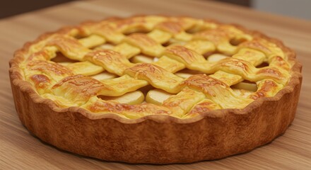 Golden Apple Pie with Lattice Crust on Wooden Table