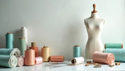 Sewing tools, fabric rolls, tailor mannequin arranged neatly. Pastel colored threads, scissors, needles suggest creative workspace for fashion design, crafting, apparel creation. Focus on