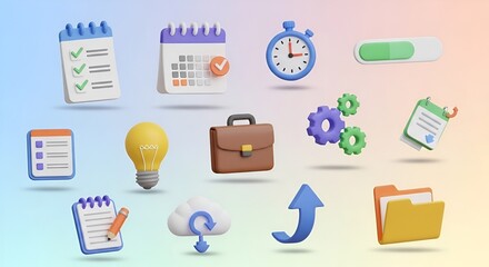 A collection of various business and productivity icons floating on a colorful background design
