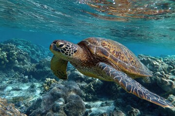Fototapeta premium Hawaiian Turtle. Green Sea Turtle Swimming in the Ocean| Underwater Wildlife in Hawaii