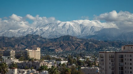 Obraz premium Hollywood Mountains. Snowy Hillside View of Los Angeles Skyline