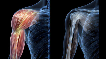 Human Arm Anatomy with Red Muscles and Translucent Rib Cage on Black