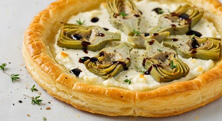 Golden Artichoke Tart with Creamy White Cheese on Grey Surface