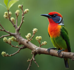 Fototapeta premium Colorful Coppersmith Barbet perched on tree branch. Small avian species exhibits vibrant plumage with red, orange, green, blue colors. Focus on intricate feather details, natural jungle environment.