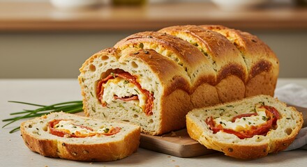 Golden Baked Bread Loaf with Savory Filling on Wooden Board
