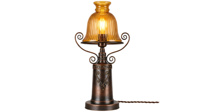 Vintage table lamp with amber glass shade isolated PNG with Transparent Background