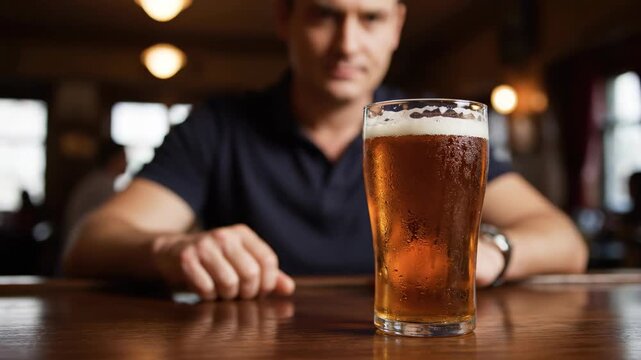 A man sitting at a bar makes a stop gesture with his hand firmly refusing a full glass of beer symbolizing a choice for sobriety and health

