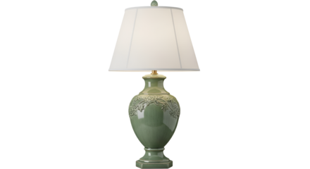 Green ceramic table lamp with white shade isolated PNG with Transparent Background