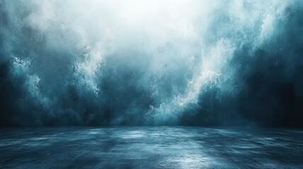 Abstract Blue Foggy Studio Background with Concrete Floor and Light abstract background studio blue light concrete floor texture pattern stage empty dark fog smoke cloud spotlight wall space room