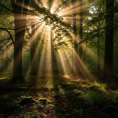 Sunlight Piercing Dense Forest Canopy, Rays of Light, Natures Beauty.