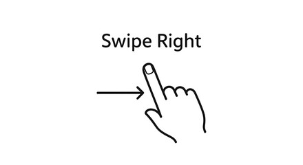 A simple illustration of a hand with an arrow indicating to swipe right on a white background space