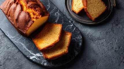A sweet potato pound cake on marble platter, charcoal background, copy space top right, sliced and whole cake styled