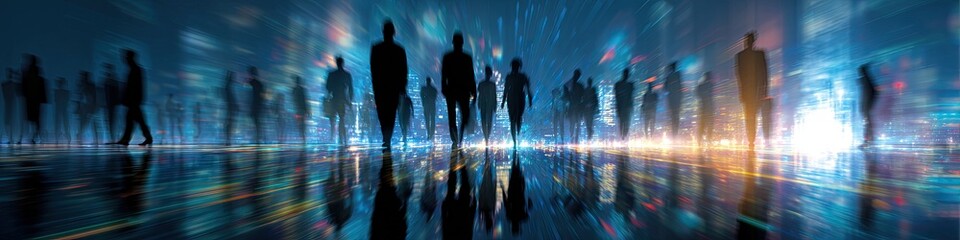 Silhouettes of people walking in a futuristic city with glowing lights and reflections.