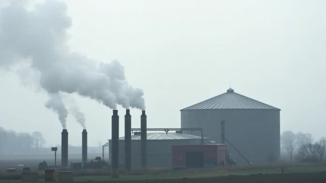 A number of pipes producing thick white smoke at agricultural plant. Rounded roof of silo tank at backdrop. Grey foggy day background. Vertical