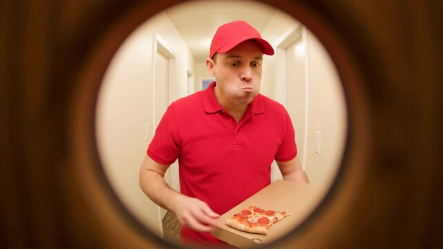 A funny view through a door peephole shows a pizza delivery man in a red uniform caught in the act of eating a slice from the customer's box

