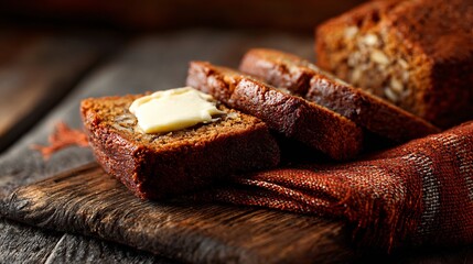 A warm banana bread slices with butter pad, terracotta napkin, wood and charcoal surfaces layered