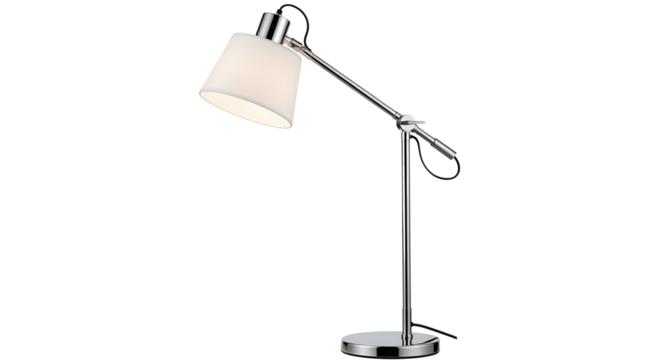 Modern adjustable silver desk lamp with a white shade isolated PNG with Transparent Background