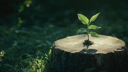 The sprouting of a new plant amidst an old log signifies renewal and resilience in nature.