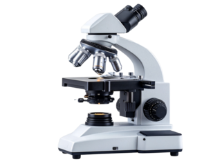 Angled Side View of Advanced Microscope Showing Stage and Objective Lenses, Isolated on Transparent Background