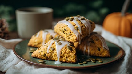 A warm pumpkin scones with glaze, scattered pepitas, forest green plate on cream cloth, minimalist autumn ambiance