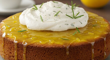 Golden Brown Cake with Cream Topping and Rosemary Sprigs