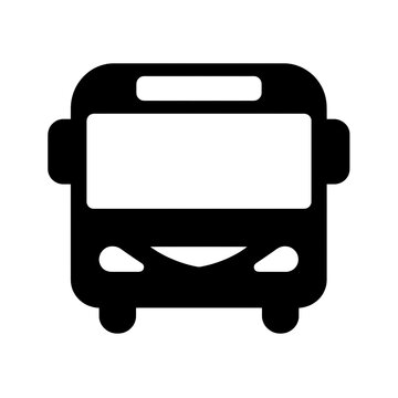 Bus Icon: Simple black bus icon for transportation, travel, public transit, and city navigation.