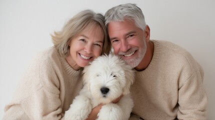Couple happily embraces their fluffy puppy in a cozy indoor setting during a relaxed afternoon
