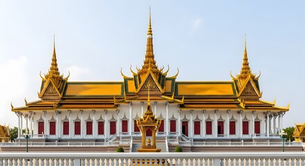 Fototapeta premium Majestic Royal Palace Phnom Penh: Golden Roofs and Spires under Clear Sky, Cambodian Architectural Grandeur and History