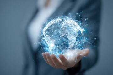 Businesswoman Holding a Glowing Digital Globe Representing Global Network Connection.