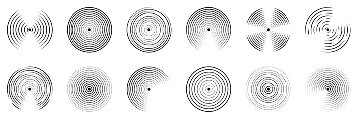 Set of black and white radar and sonar icons. Linear sound wave icons, concentric signal circles, echo sounder symbols. Vector illustration on a transparent background