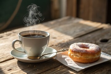 Enjoying a warm cup of coffee paired with a sweet glazed donut on a rustic wooden table