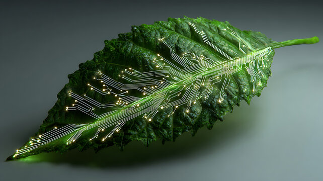 Circuit Leaf: Nature meets technology with glowing circuits on a vibrant green leaf.