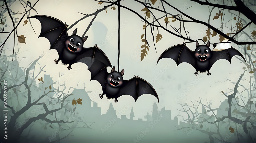 Wall mural cute vector bats with tiny fangs hanging upside down from a spooky tree branch