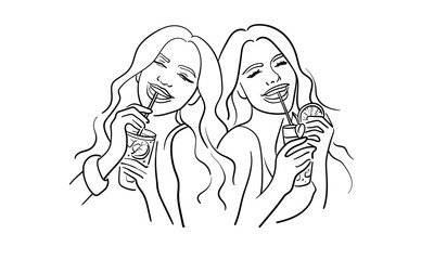 Two woman drinking summer lemonade and laugh, continuous line art, isolated on white background. Line art drawing. Vector illustration
