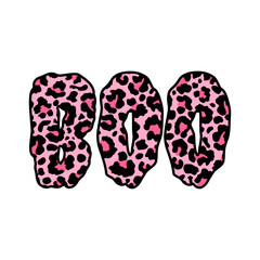 Pink leopard print BOO text, perfect for trendy Halloween designs.