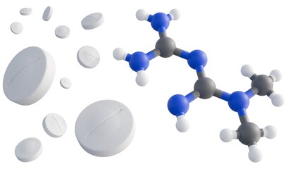 A 3d rendering of metformin, physical form as pills and its molecular structure. Its macroscopic appearance as a medication.