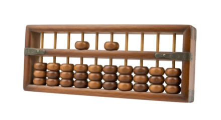 Chinese wooden abacus, vintage tool with brown beads, isolated on white background