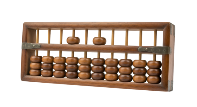Chinese wooden abacus, vintage tool with brown beads, isolated on white background