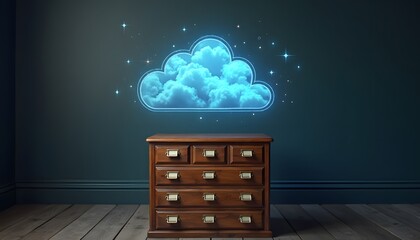 Cloud storage concept above wooden drawer
