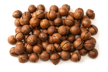 Macadamia nuts in a shell isolated on a white background.