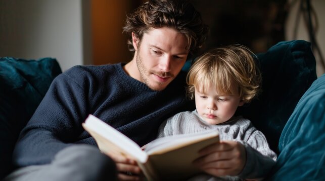 Father and child sharing a cozy reading moment on a plush sofa during a quiet afternoon