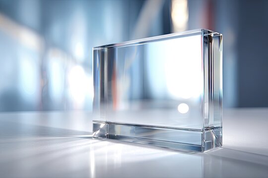 Clear rectangular glass block on a reflective surface