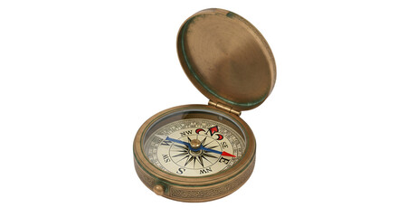 Vintage brass compass with detailed needle and markings, isolated on white background